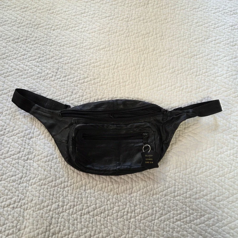 Buxton Black Cashmere Lamb Skin Leather Fanny Pack Waist Bag Adjustable Strap - Picture 1 of 6